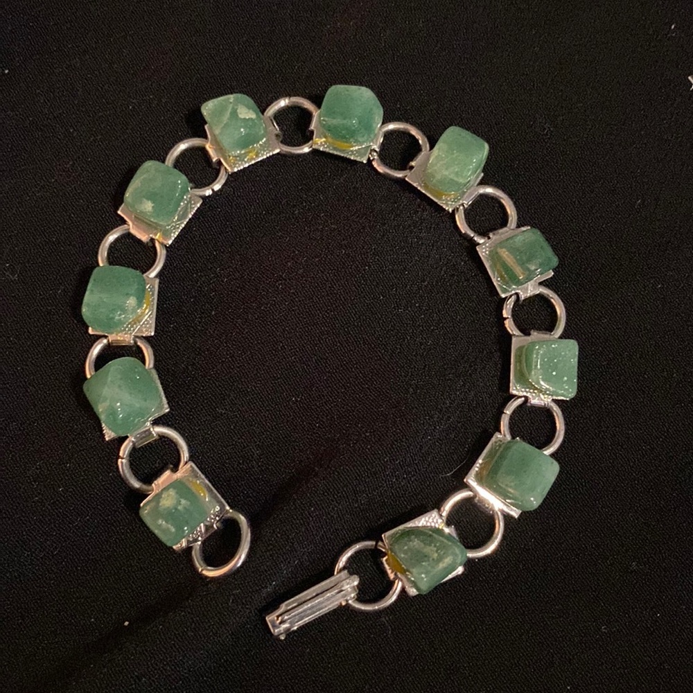 Jade colored blocks on faux silver chain bracelet